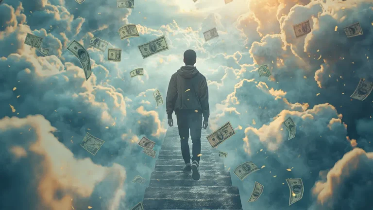 Man walking up a stairway into the clouds among floating banknotes – growth money attitude