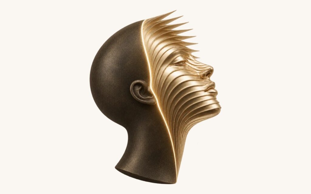 Abstract sculpture of a head, half dark bronze and half layered gold opening upward
